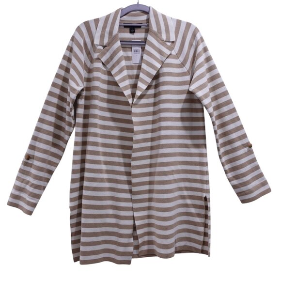NWT Ann Taylor Cardigan Sweater Sz S Tan Cream Striped Knit Open Front Collared - Picture 1 of 12